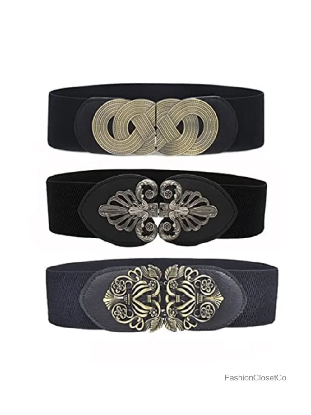 3 Pack Women's Vintage Wide Elastic Stretch Waist Belt with Metal Buckle